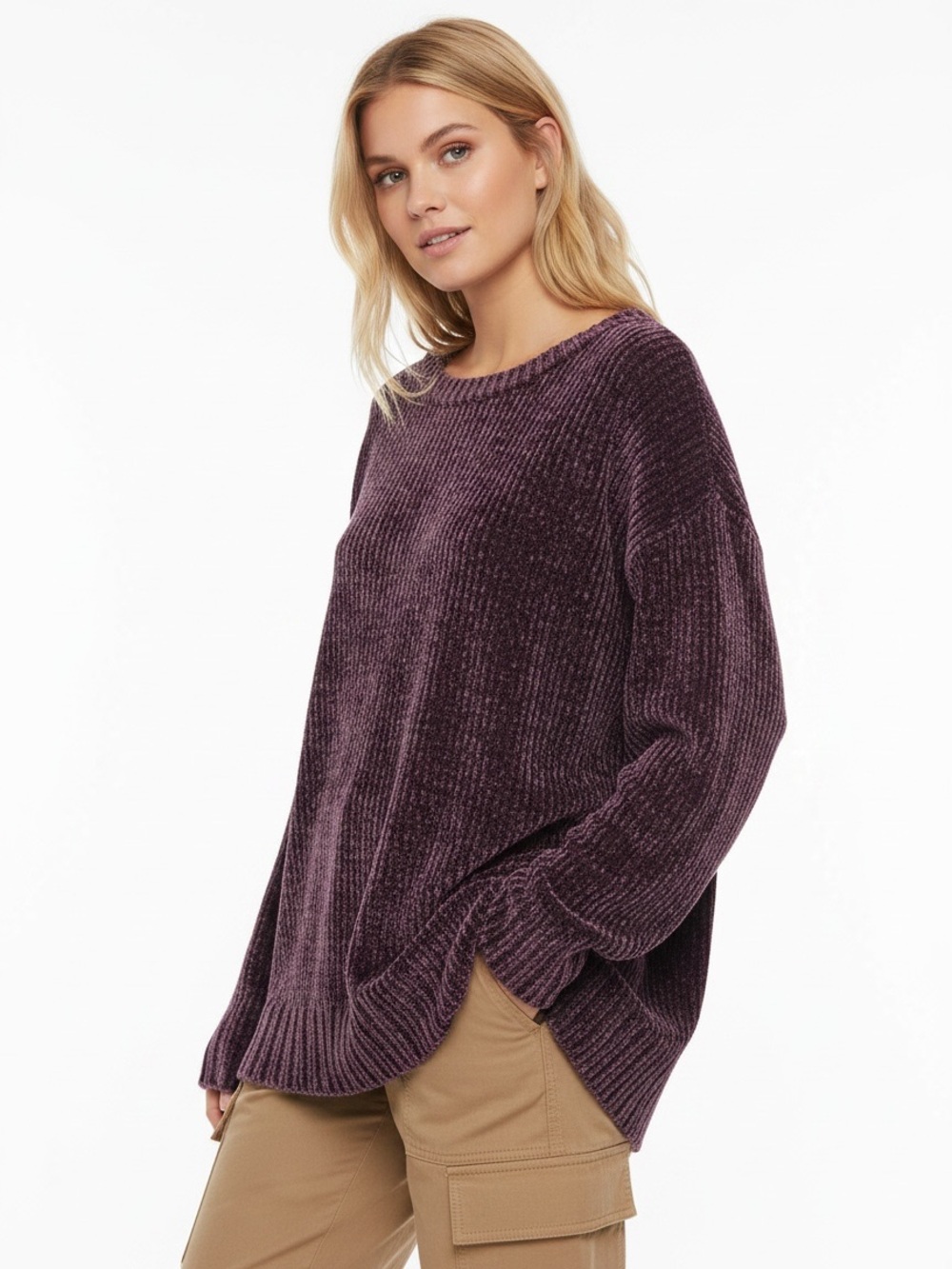 Orvis Plum Purple Chenille Boat Neck Pullover Sweater Size Medium Cozy Sweater